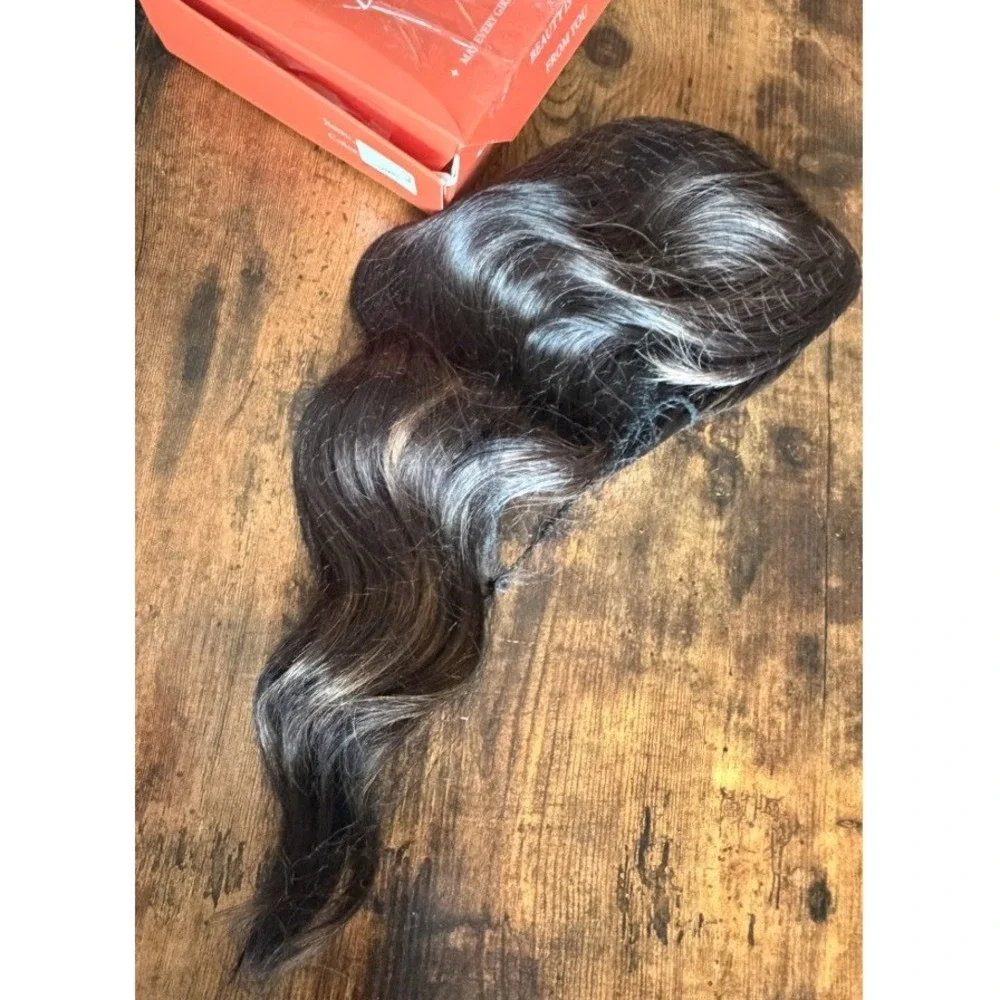16 Inch Hair Topper Synthetic Curly Wavy Clip-In Wispy Bangs Dark Brown Chestnut